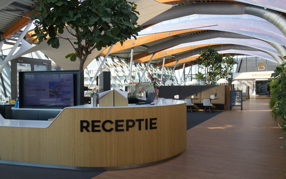 Reception at Bison Office Spaces in Maarssen, with a wooden desk and plenty of daylight